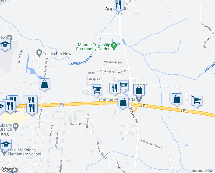 map of restaurants, bars, coffee shops, grocery stores, and more near 979 New Jersey 33 in Monroe Township