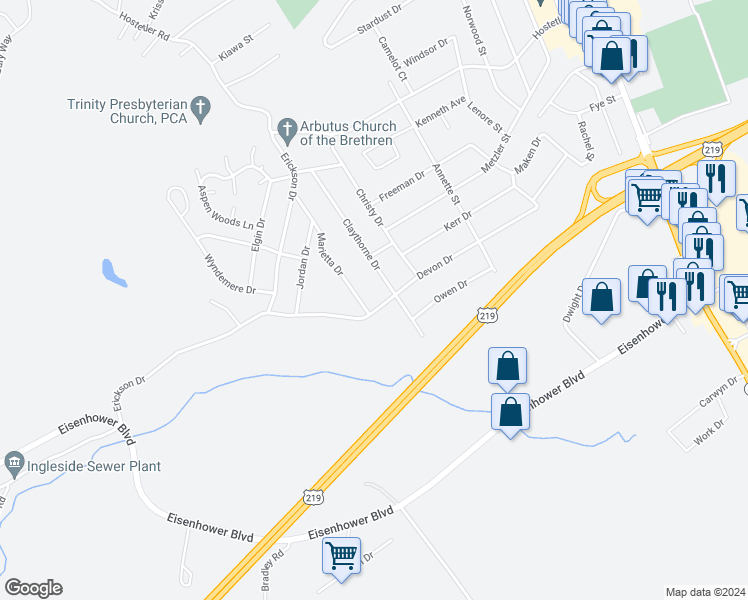 map of restaurants, bars, coffee shops, grocery stores, and more near 394 Devon Drive in Johnstown