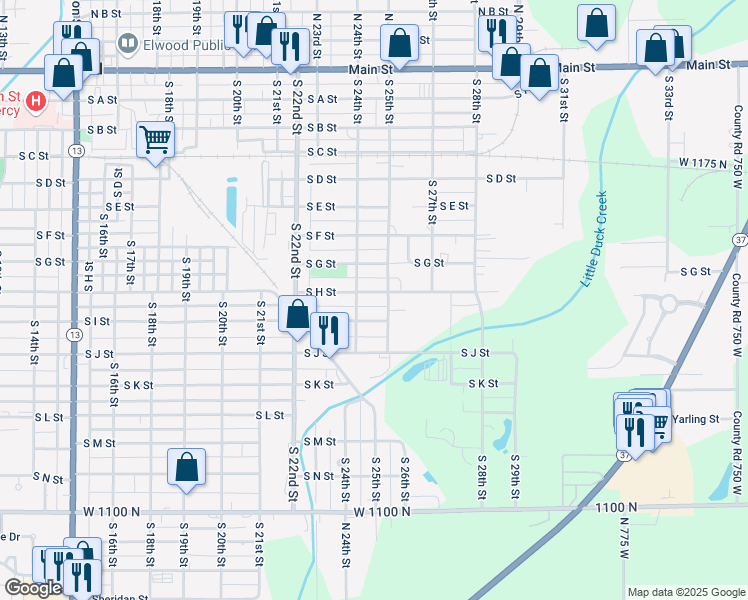 map of restaurants, bars, coffee shops, grocery stores, and more near 2430 South I Street in Elwood