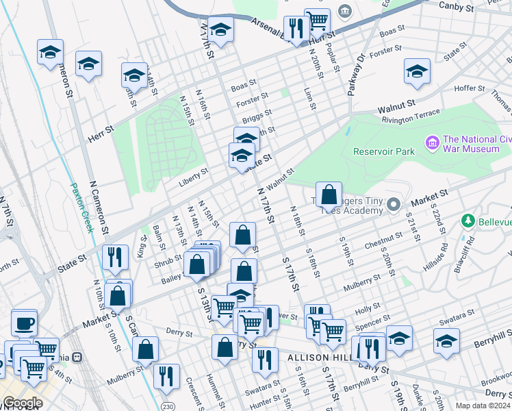 map of restaurants, bars, coffee shops, grocery stores, and more near 83 Disbrow Street in Harrisburg