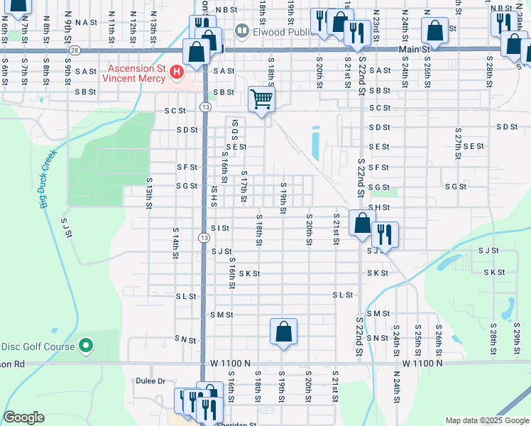 map of restaurants, bars, coffee shops, grocery stores, and more near 1624 South I Street in Elwood
