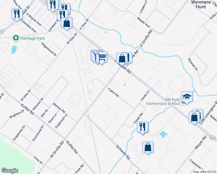 map of restaurants, bars, coffee shops, grocery stores, and more near 1403 West Orvilla Road in Hatfield