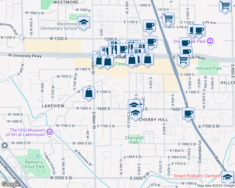 map of restaurants, bars, coffee shops, grocery stores, and more near 149 East 1500 South in Orem