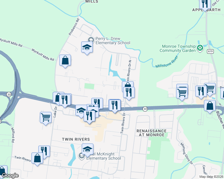 map of restaurants, bars, coffee shops, grocery stores, and more near 822 Jamestown Road in East Windsor