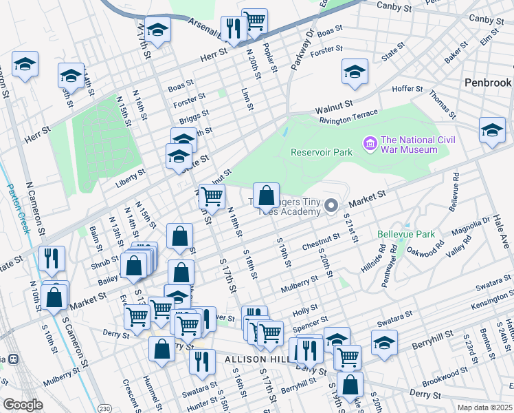 map of restaurants, bars, coffee shops, grocery stores, and more near 1826 Park Street in Harrisburg