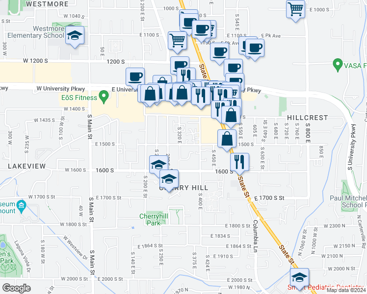 map of restaurants, bars, coffee shops, grocery stores, and more near 330 East 1500 South in Orem