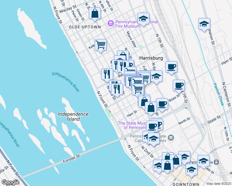 map of restaurants, bars, coffee shops, grocery stores, and more near 1330 Penn Street in Harrisburg