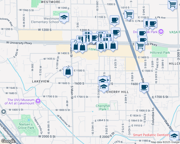 map of restaurants, bars, coffee shops, grocery stores, and more near 149 East 1500 South in Orem