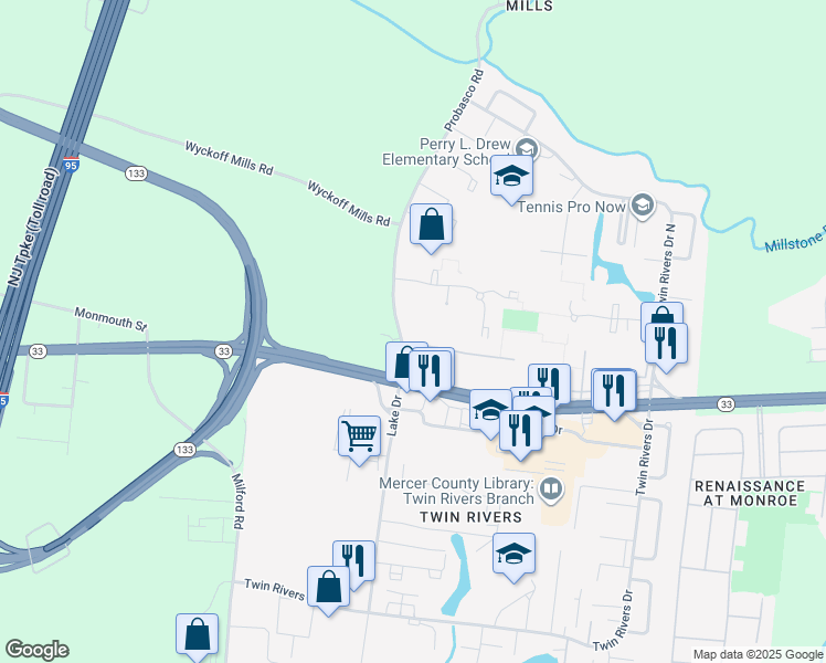map of restaurants, bars, coffee shops, grocery stores, and more near E21 Avon Drive in East Windsor