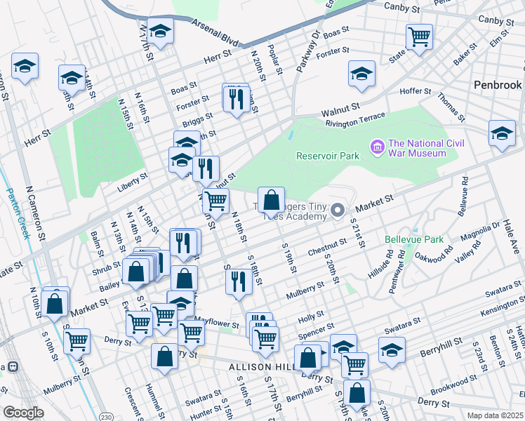 map of restaurants, bars, coffee shops, grocery stores, and more near 1826 Park Street in Harrisburg