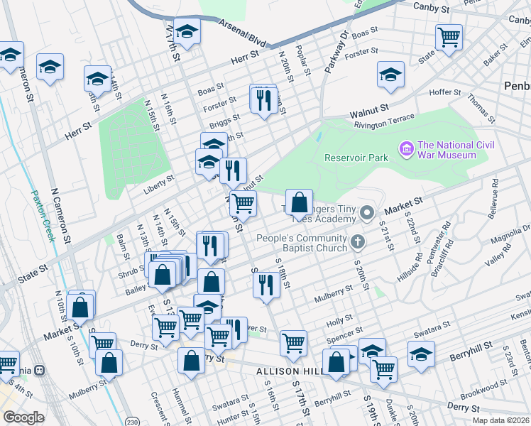 map of restaurants, bars, coffee shops, grocery stores, and more near 1727 Regina Street in Harrisburg