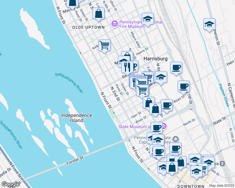 map of restaurants, bars, coffee shops, grocery stores, and more near in Harrisburg