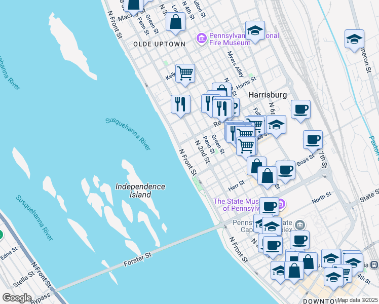 map of restaurants, bars, coffee shops, grocery stores, and more near 109 Calder Street in Harrisburg