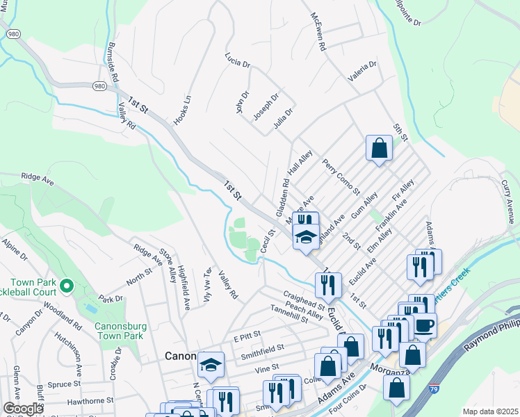 map of restaurants, bars, coffee shops, grocery stores, and more near 1017 1st Street in Canonsburg