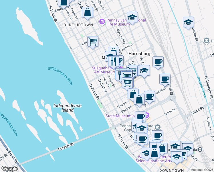 map of restaurants, bars, coffee shops, grocery stores, and more near 1330 Penn Street in Harrisburg