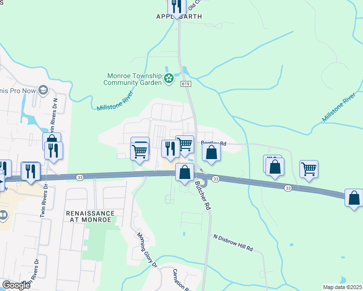 map of restaurants, bars, coffee shops, grocery stores, and more near Farmall Lane in Monroe Township