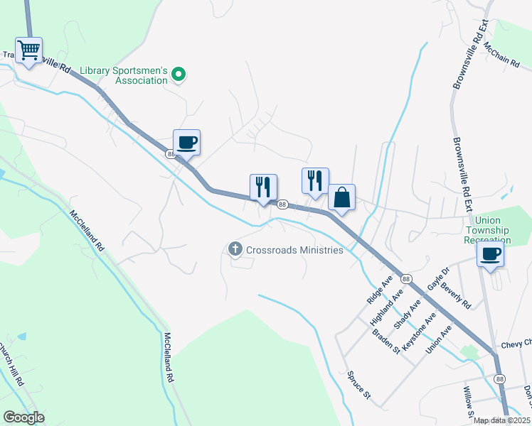 map of restaurants, bars, coffee shops, grocery stores, and more near 19 Walter Long Road in Finleyville