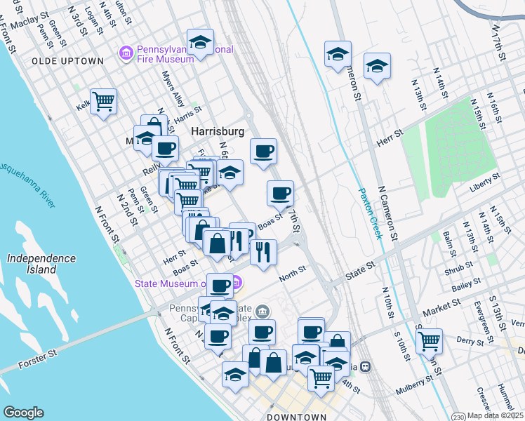 map of restaurants, bars, coffee shops, grocery stores, and more near 660 Boas Street in Harrisburg