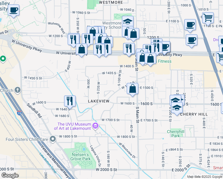 map of restaurants, bars, coffee shops, grocery stores, and more near 134 West Hidden Hollow Drive in Orem