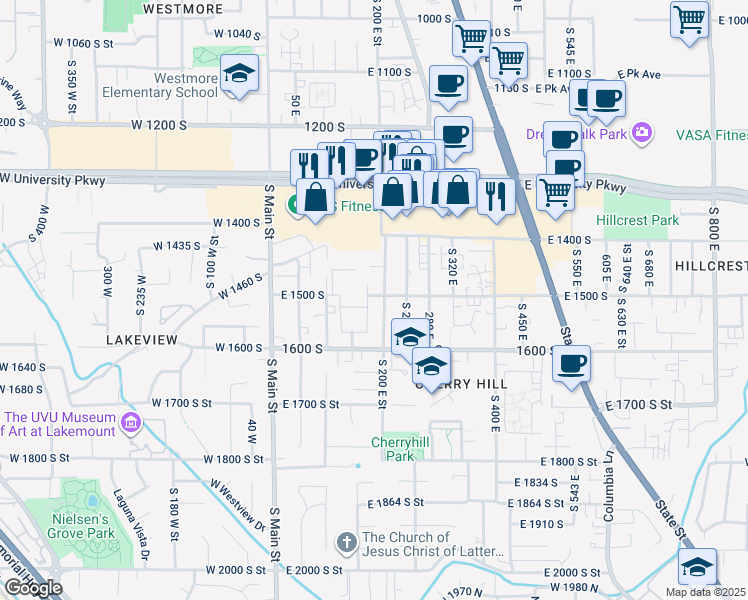 map of restaurants, bars, coffee shops, grocery stores, and more near 1509 South 175 East Street in Orem