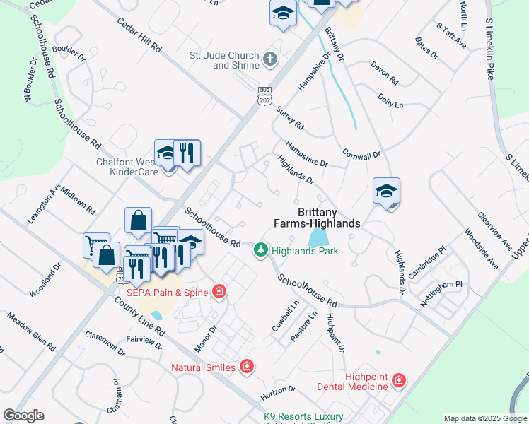 map of restaurants, bars, coffee shops, grocery stores, and more near 67 Applecross Circle in Chalfont