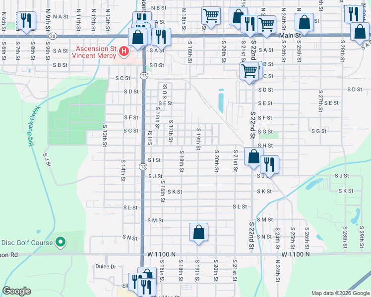map of restaurants, bars, coffee shops, grocery stores, and more near 1805 South H Street in Elwood