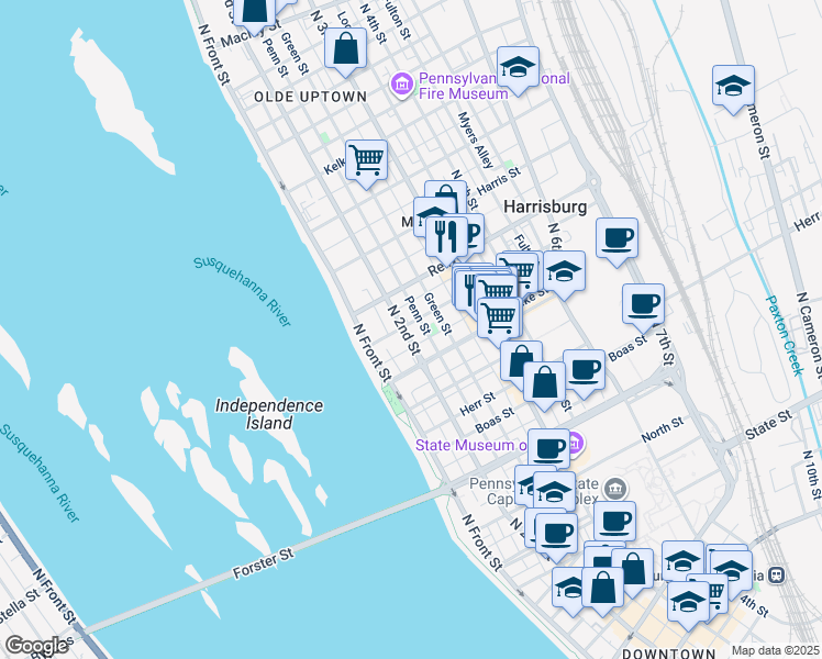 map of restaurants, bars, coffee shops, grocery stores, and more near 1337 North 2nd Street in Harrisburg