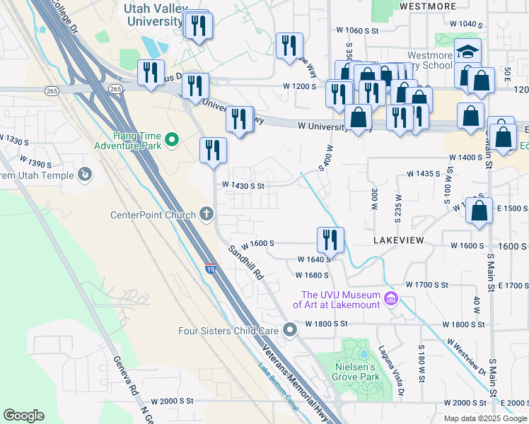 map of restaurants, bars, coffee shops, grocery stores, and more near 551 West 1520 South in Orem