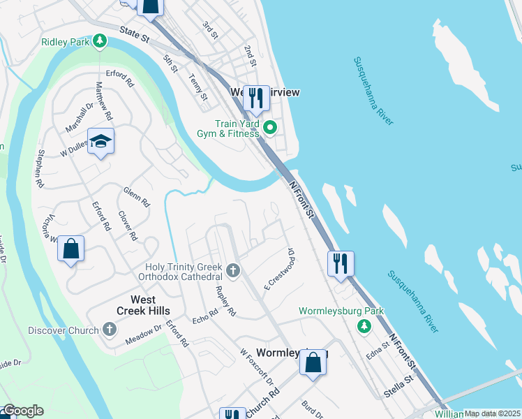 map of restaurants, bars, coffee shops, grocery stores, and more near 18 Woods Drive in Camp Hill