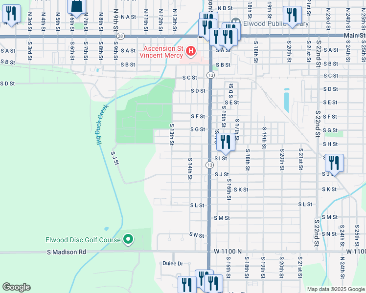 map of restaurants, bars, coffee shops, grocery stores, and more near 1308 South I Street in Elwood