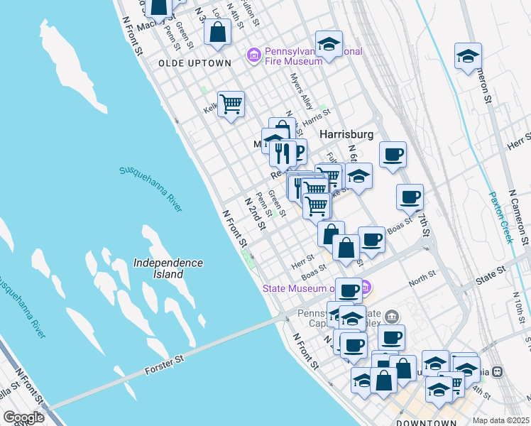 map of restaurants, bars, coffee shops, grocery stores, and more near in Harrisburg