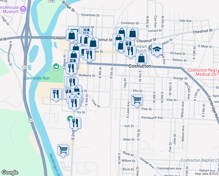 map of restaurants, bars, coffee shops, grocery stores, and more near 311 South 5th Street in Coshocton