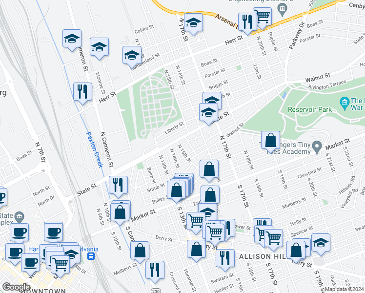 map of restaurants, bars, coffee shops, grocery stores, and more near 237 North 15th Street in Harrisburg