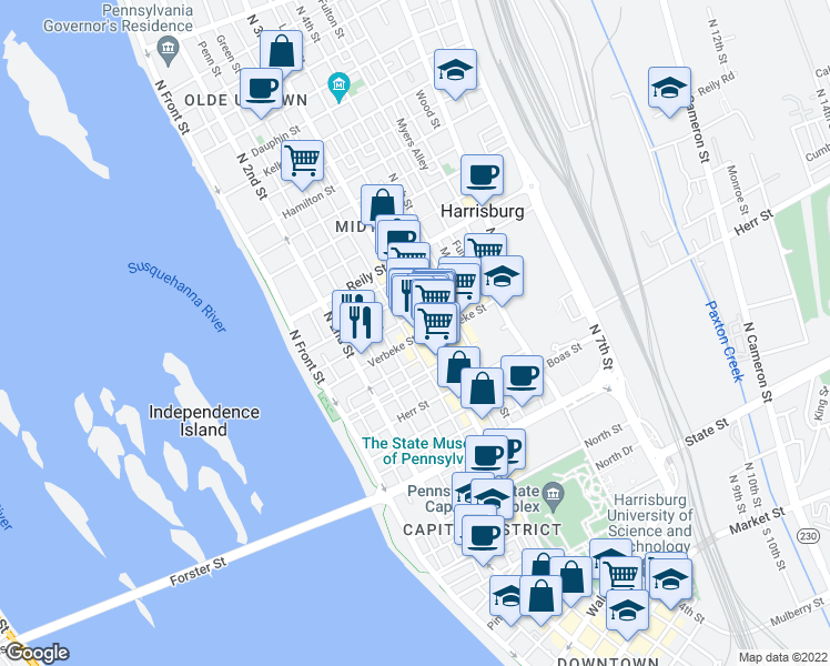 map of restaurants, bars, coffee shops, grocery stores, and more near 1300 North 3rd Street in Harrisburg