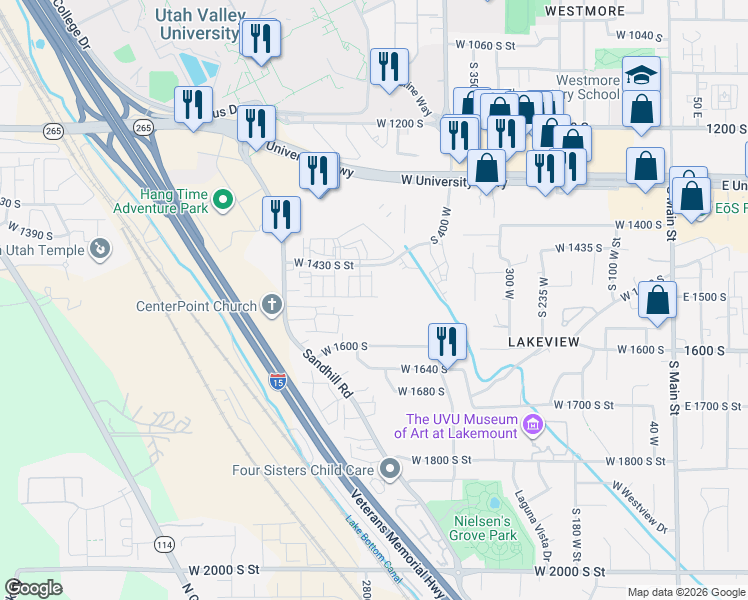 map of restaurants, bars, coffee shops, grocery stores, and more near 1555 Sandhill Road in Orem