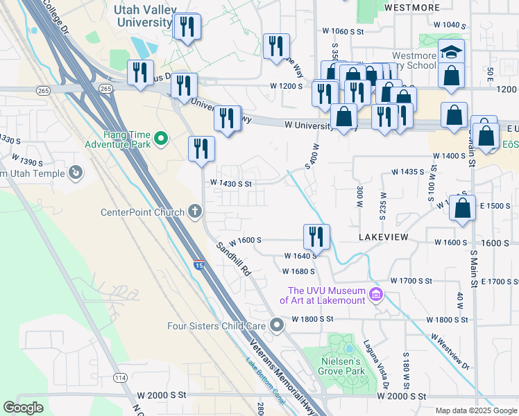 map of restaurants, bars, coffee shops, grocery stores, and more near 1555 Sandhill Road in Orem