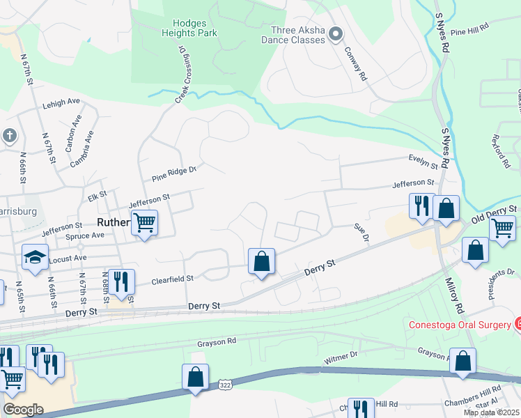 map of restaurants, bars, coffee shops, grocery stores, and more near 219 Liz Lane in Harrisburg