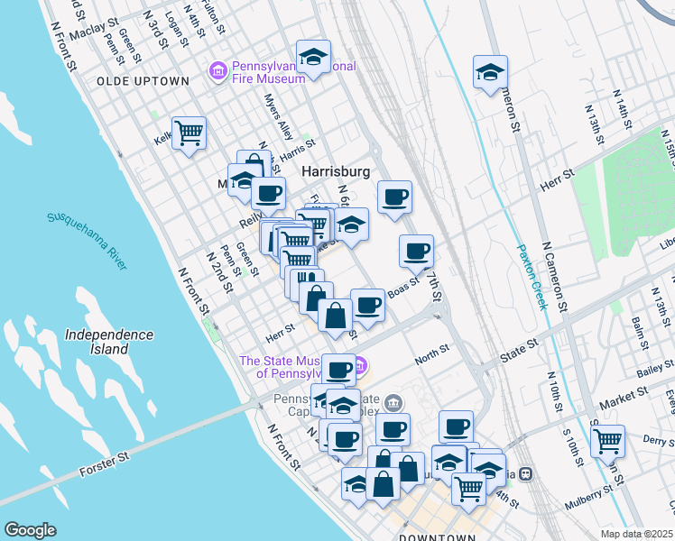 map of restaurants, bars, coffee shops, grocery stores, and more near in Harrisburg