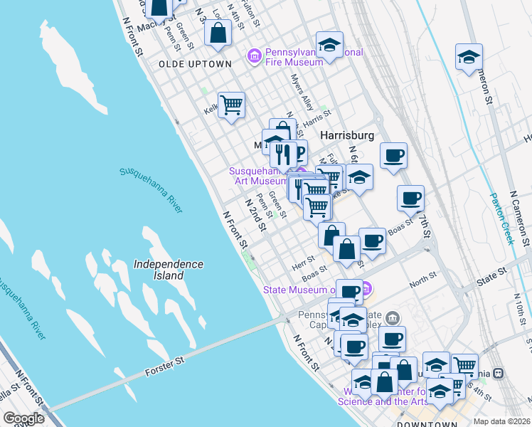 map of restaurants, bars, coffee shops, grocery stores, and more near in Harrisburg