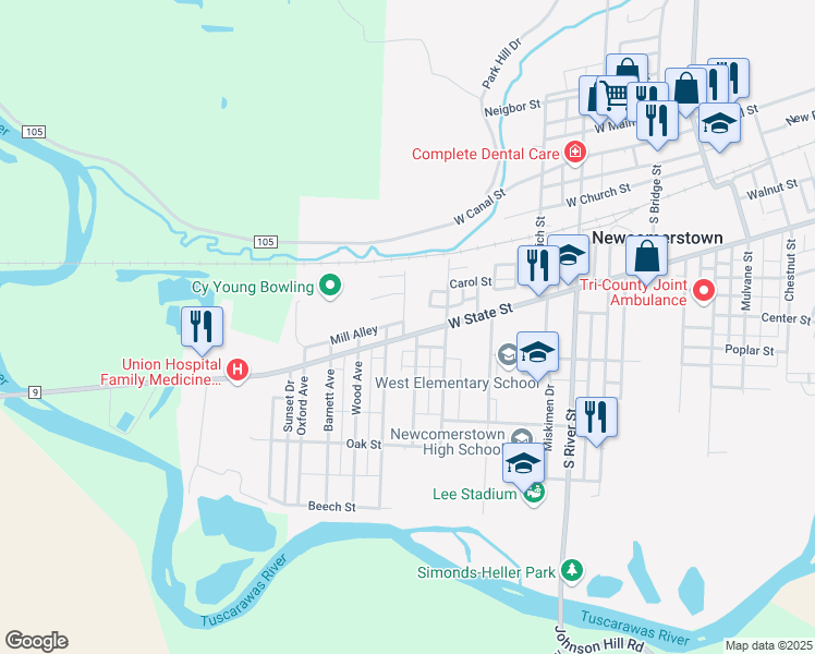 map of restaurants, bars, coffee shops, grocery stores, and more near 739 West State Street in Newcomerstown