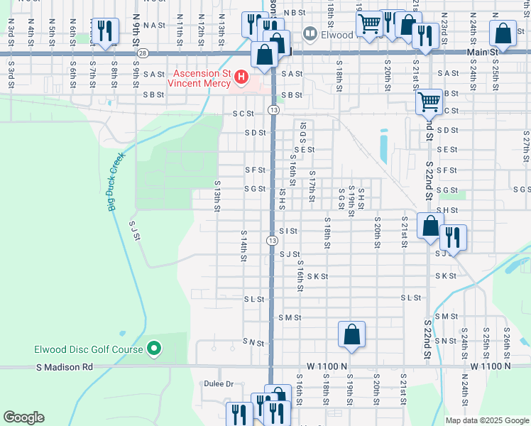 map of restaurants, bars, coffee shops, grocery stores, and more near 918 South Anderson Street in Elwood