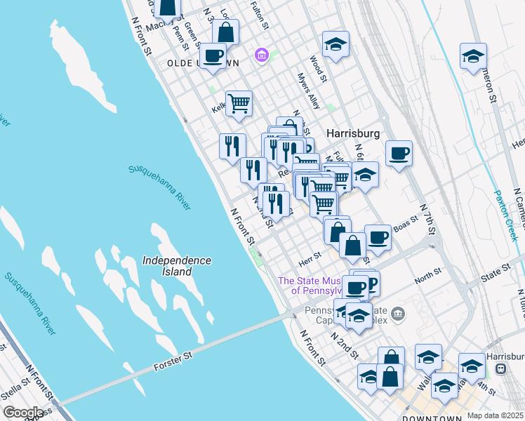 map of restaurants, bars, coffee shops, grocery stores, and more near N 2nd St & Calder St in Harrisburg