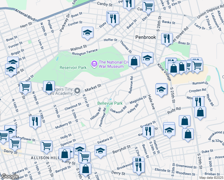 map of restaurants, bars, coffee shops, grocery stores, and more near 2306 Chestnut Street in Harrisburg