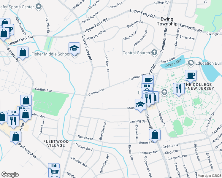 map of restaurants, bars, coffee shops, grocery stores, and more near 67 Carlton Avenue in Ewing Township