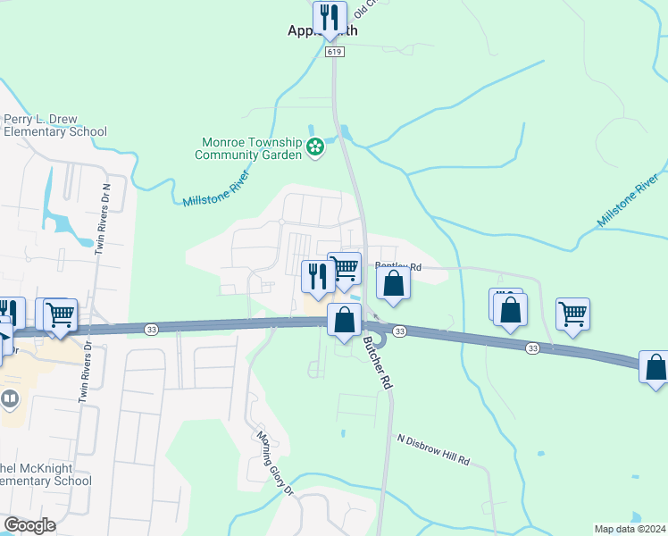 map of restaurants, bars, coffee shops, grocery stores, and more near 1907 John Deere Lane in Monroe Township