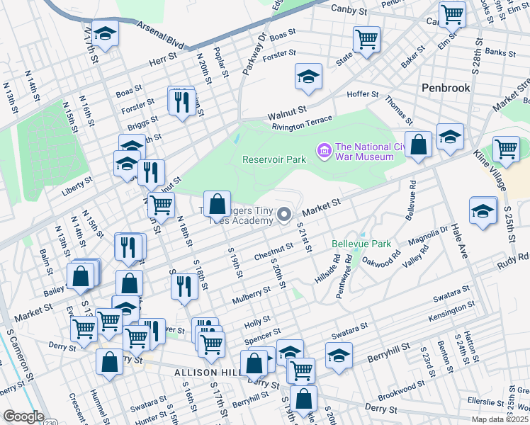 map of restaurants, bars, coffee shops, grocery stores, and more near 2033 Whitehall Street in Harrisburg