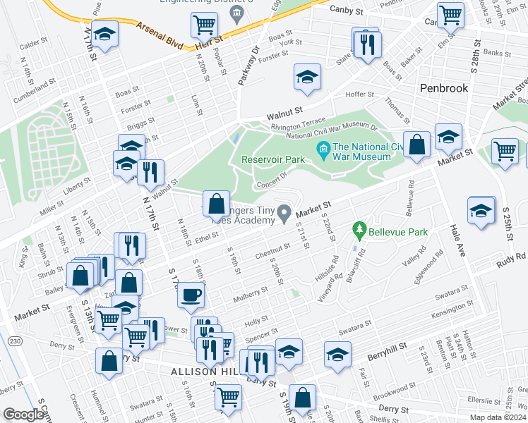 map of restaurants, bars, coffee shops, grocery stores, and more near 2033 Whitehall Street in Harrisburg