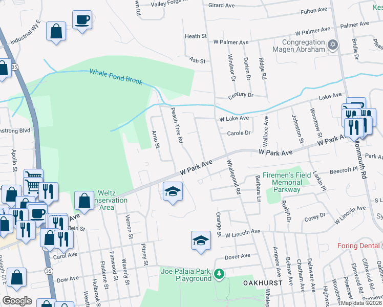 map of restaurants, bars, coffee shops, grocery stores, and more near 2 Peach Tree Road in Monmouth County