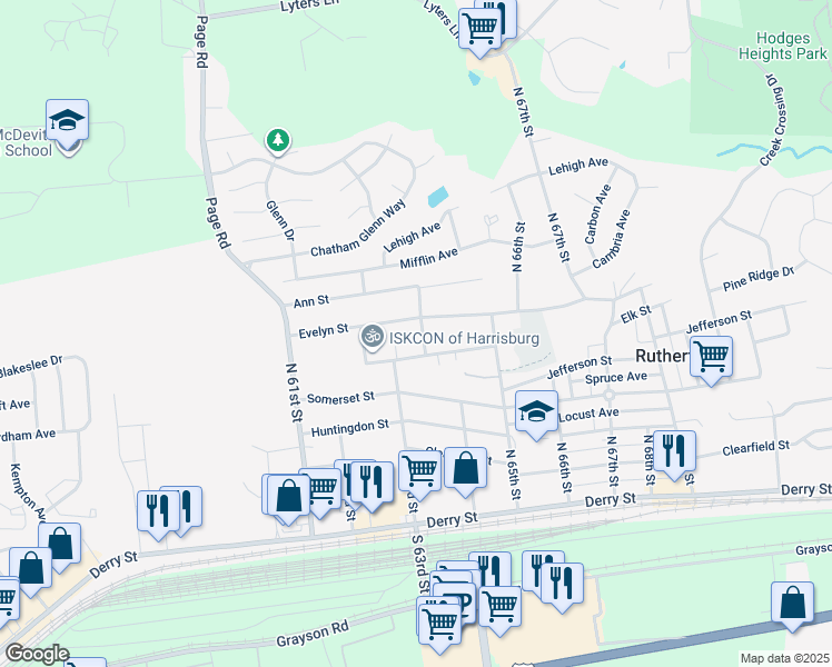 map of restaurants, bars, coffee shops, grocery stores, and more near 528 North 63rd Street in Harrisburg