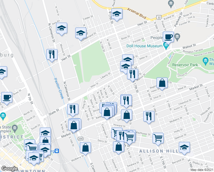 map of restaurants, bars, coffee shops, grocery stores, and more near 1407 State Street in Harrisburg